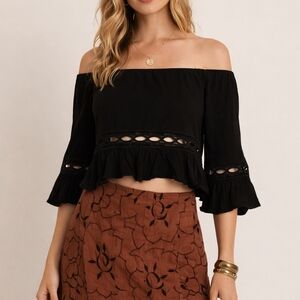 CHLOAH Black Cropped Flowy Off the Shoulder Festival Goth Blouse